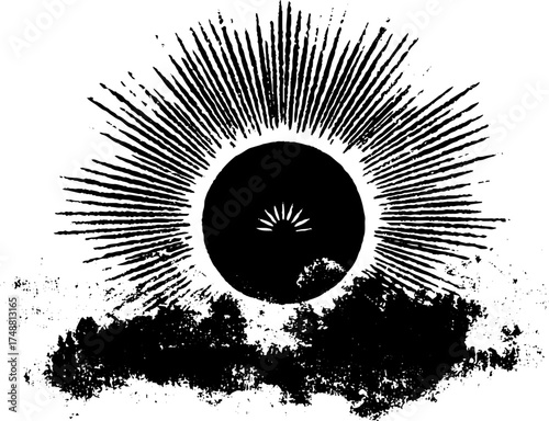Celestial sun silhouette with radiant beams for boho design and decor