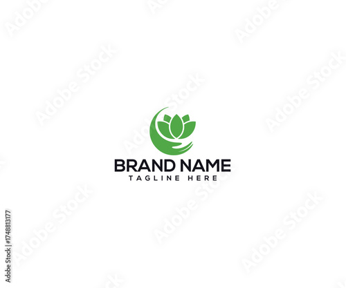 Elegant Brand Logo: A minimalist logo featuring a graceful hand cradling delicate leaves, embodies growth and harmony.