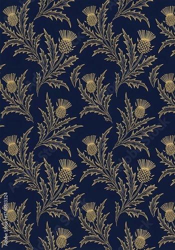 Detailed thistle pattern with golden accents on a deep blue backdrop