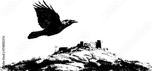 Celestial raven in flight above ancient castle - black and white stencil art for décor