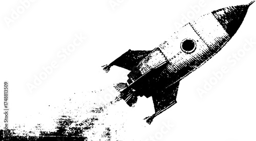 Vintage rocket ship silhouette illustration with grunge texture for retro design projects