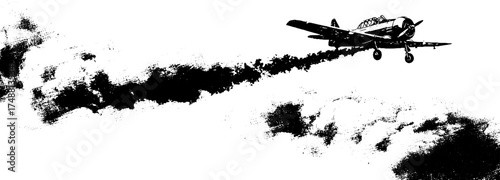 Vintage black and white aeroplane silhouette illustration with grunge texture for retro design