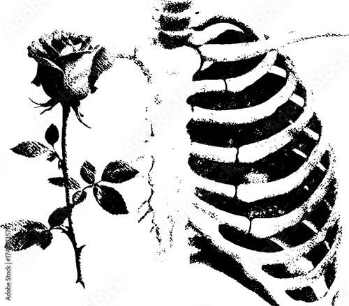 Ribcage and rose stencil art - black and white floral skeleton design