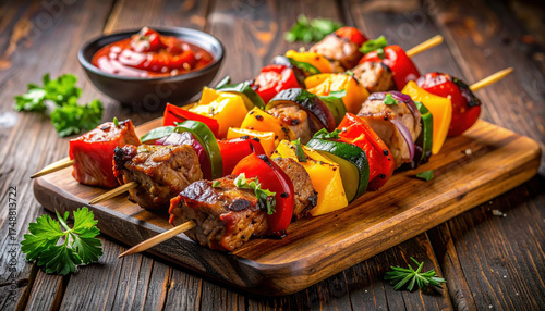 Grilled meat and vegetable skewers with colorful bell pepper, zucchini, and onion served on wooden board with fresh herbs and bowl of tomato sauce, appetizing and vibrant