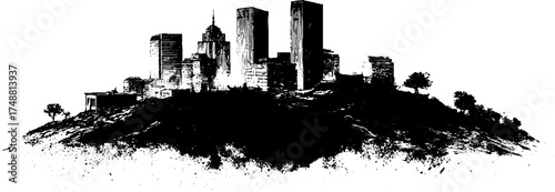 Black and white stencil of ruined city skyline for urban art design