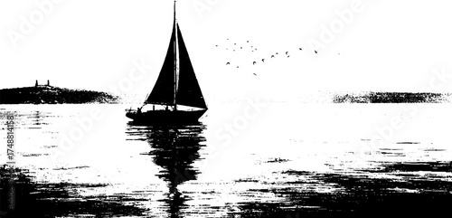 Black and white sailing boat silhouette with seascape and birds for nautical design