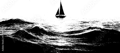 Black and white stencil of seascape with sailing boat inspired by linocut textures