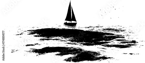 Monochrome seascape with sailboat silhouette for nautical decor and design