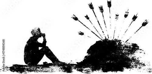 Contemplative silhouette with arrow-struck target in grunge black and white stencil art