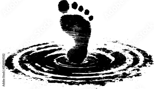 Monochrome stencil of a single footprint with grungy distressed texture