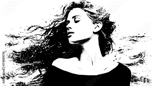 Black and white siren stencil illustration with flowing hair – perfect for poster or print design