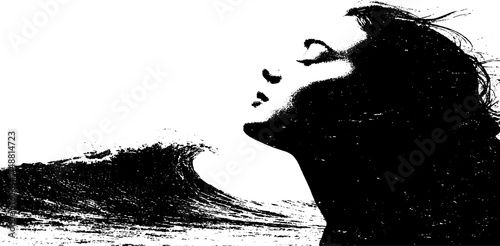 Monochrome ocean siren silhouette with flowing hair in artistic stencil design