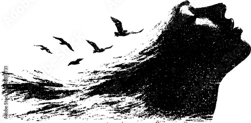 Siren silhouette with flowing hair and birds in ink stencil art