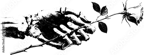 Skeleton hand holding rose: black and white stencil art with vintage charm