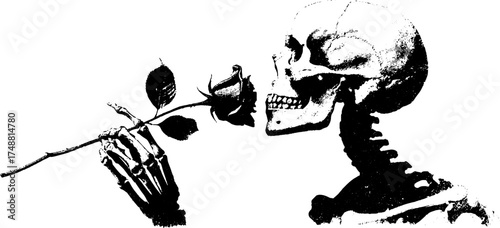 Skeleton contemplating rose: symbol of life and death in black and white stencil art