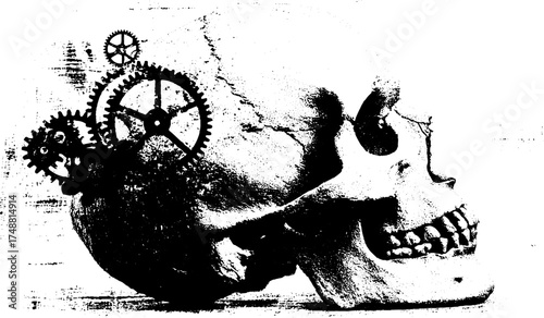 Surreal black and white stencil skull with gears for artistic design and decor