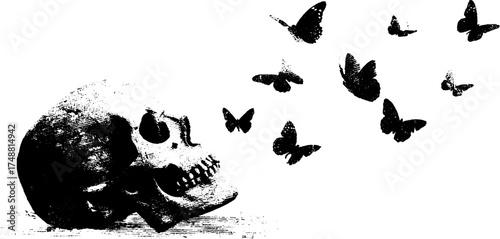 Black and white skull and butterflies stencil artwork for creative design
