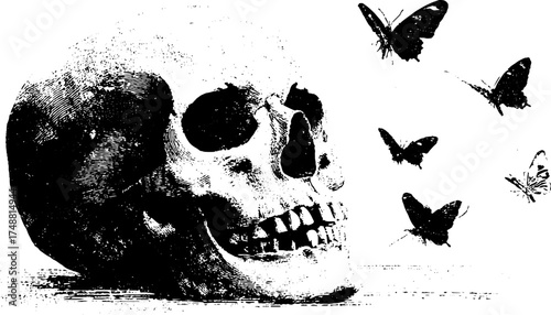 Vintage skull and butterfly silhouette for art and design projects