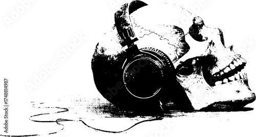Grunge skull with headphones stencil art for urban street design