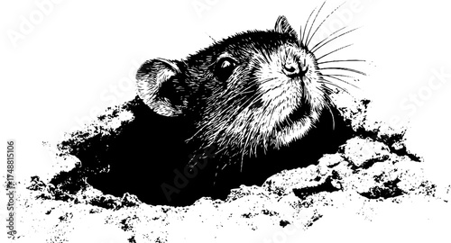 Black and white stencil of a curious rat emerging from rubble
