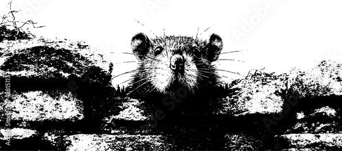 Curious rat exploring urban ruins in black and white stencil art