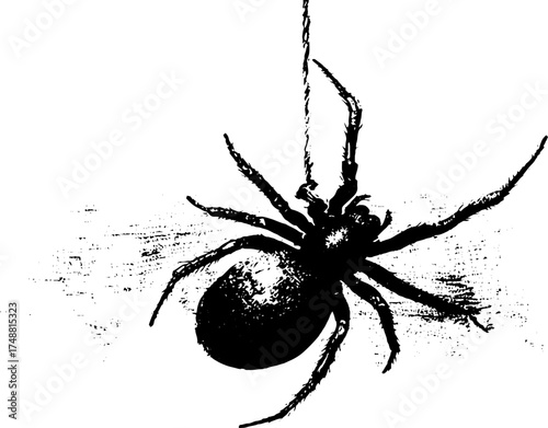 Black and white spider silhouette hanging by thread - urban grunge design for posters and art
