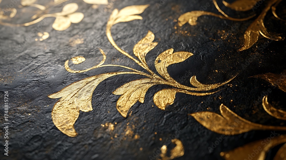 Ornate Gold Design on Dark Stone.