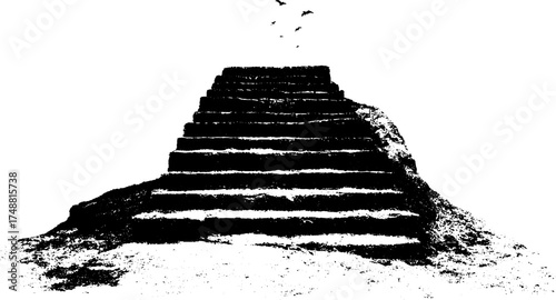 Monochrome staircase descent art with birds in motion - design for posters and cards