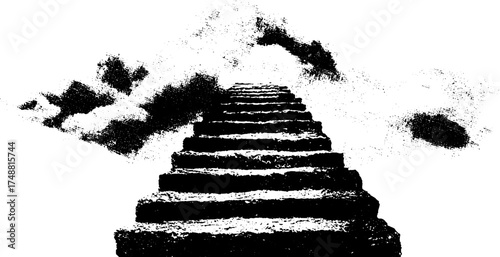 Mystical staircase ascension in black and white stencil art for inspirational design