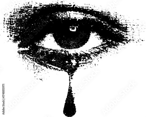 Grunge silhouette of stylized eye with dripping tear in black and white stencil design