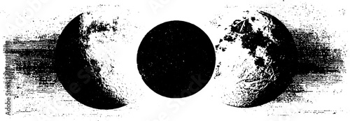 Celestial sun and moon alignment in black and white stencil illustration for artistic design
