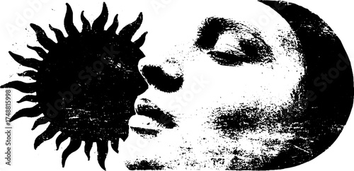 Black and white stencil of aligned sun and moon for celestial design