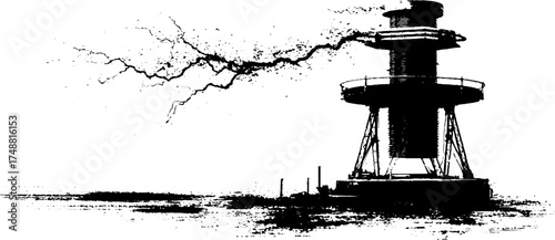 Black and white stencil illustration of a tesla coil emitting electricity for industrial design