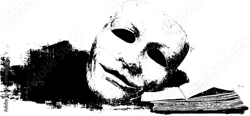 Theatrical mask with book in black and white stencil art - conceptual silhouette for creative design
