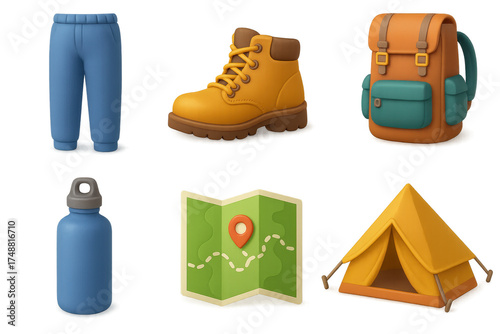 3D Outdoor Gear Icons. Outdoor wear set of icons in 3D color style: fleece pants, hiking boots, backpack, water bottle, trail map, tent,