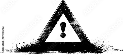 Grungy black and white linocut warning symbol with bold triangular form and rough texture.
