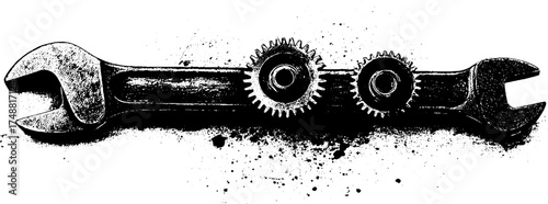 Industrial design with wrench and gears in black and white stencil style