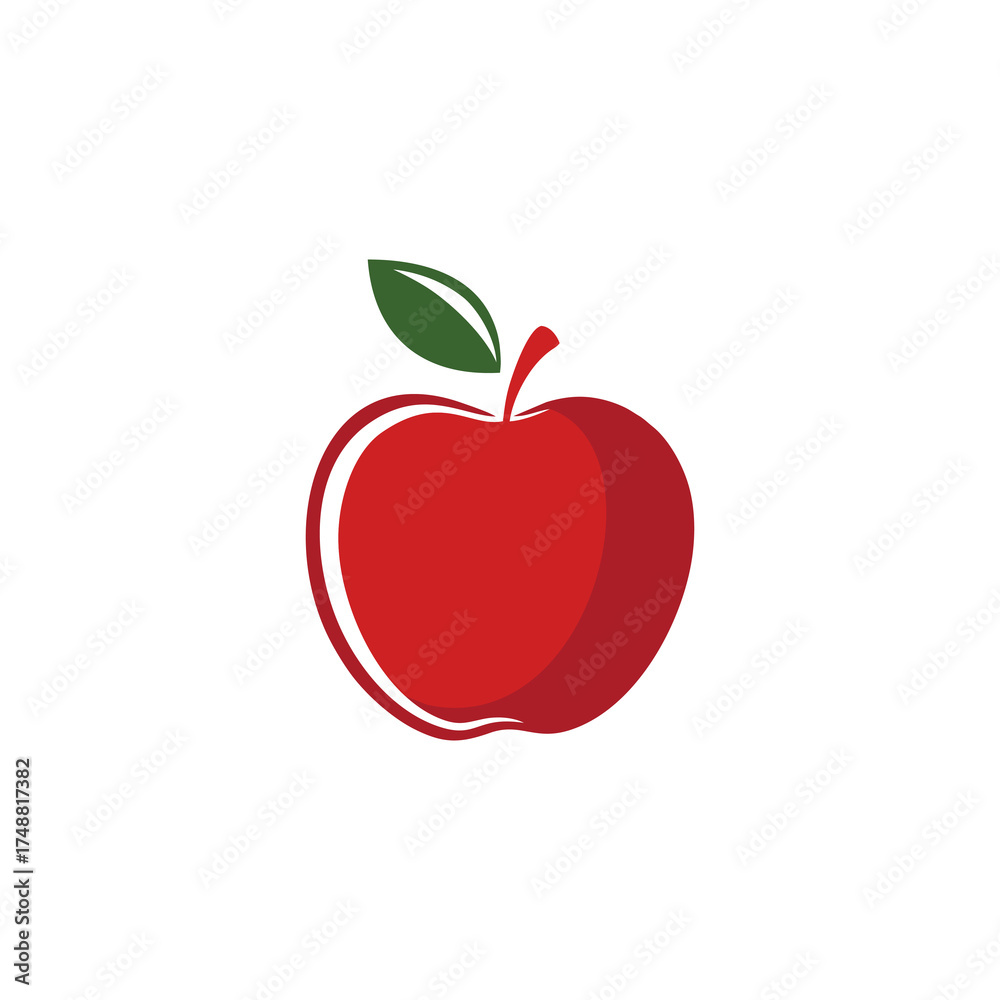Fototapeta premium Red apple illustration with a green leaf and a stem, isolated on a white background.