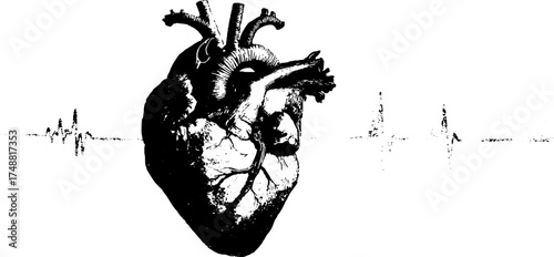 Black and white stencil illustration of an anatomical heart for artistic design