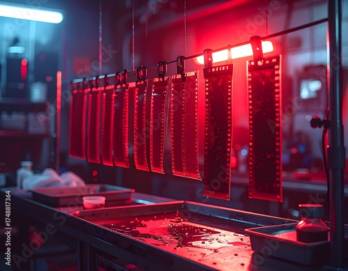 35mm film roll hanging to dry in darkroom with red safelight and developing equipment