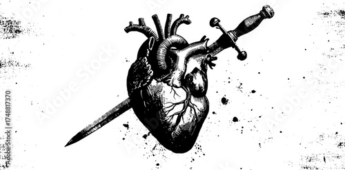 Vintage black and white anatomical heart with sword silhouette for artistic design