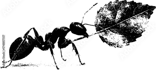 Ant carrying leaf silhouette illustration for natural design concepts