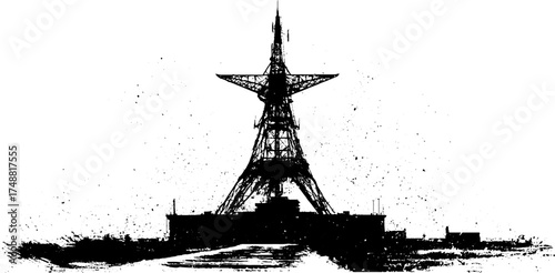 Black and white stencil illustration of an antenna in vintage style for urban design