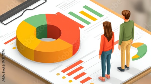 A colorful infographic displaying data analysis with two individuals observing pie charts and bar graphs, illustrating trends and insights in modern business strategy.