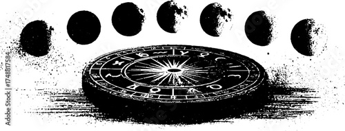 Celestial astrological compass with lunar phases for mystical design