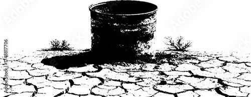Empty tin can in dry cracked earth, black and white stencil art for urban and vintage design