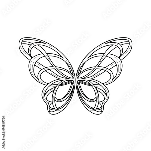 A minimalist line art illustration of a butterfly with intertwined loops, resembling a wedding ring icon, on a clean white background with a simple, graphic design.