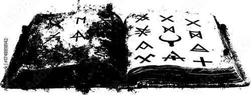 Mystical symbols in black and white stencil illustration of an open book