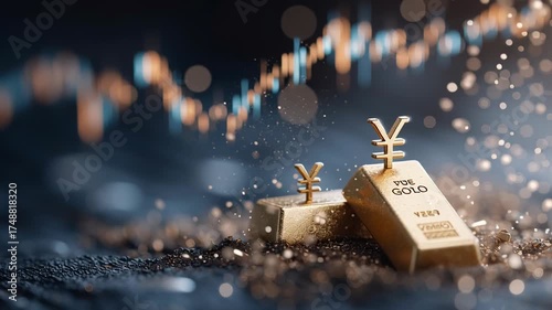 A close-up image of gold bars with currency symbols, showcasing a shimmering background and financial data visualizations.