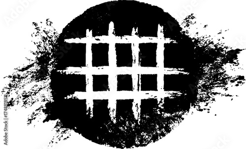 Grunge circle with intersecting lines and spatter texture for urban art and design